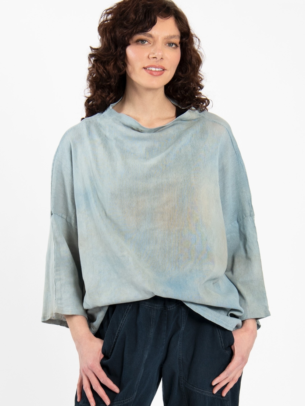 Light Blue Women's Relaxed Mesh Cotton Top
